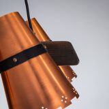 Ceiling lamp in dark stained wood with four brass shades, Sweden, 1960s