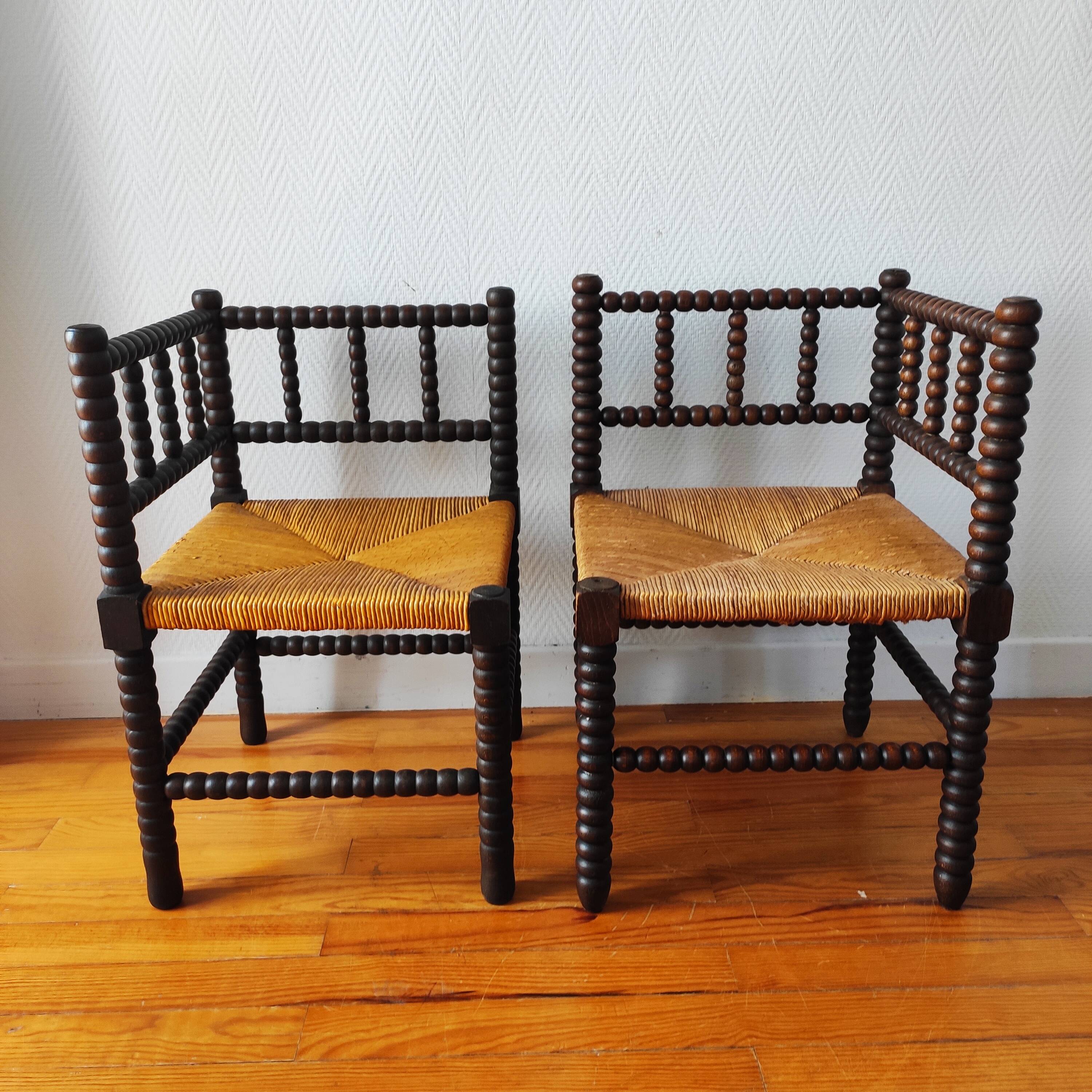 Pair of French corner chairs - turned wood, mid-20th century.