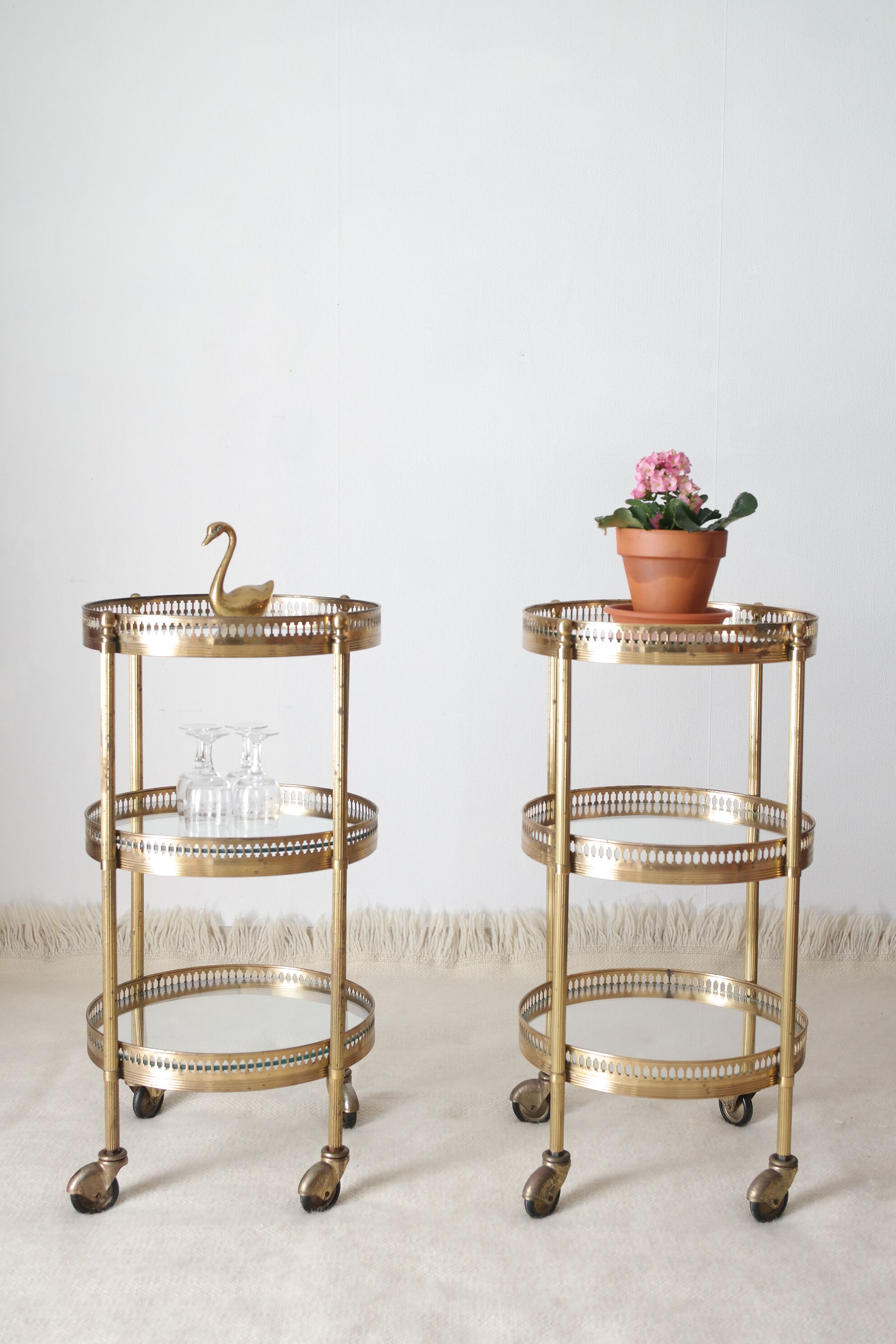 Pair of round old brass glass desserts