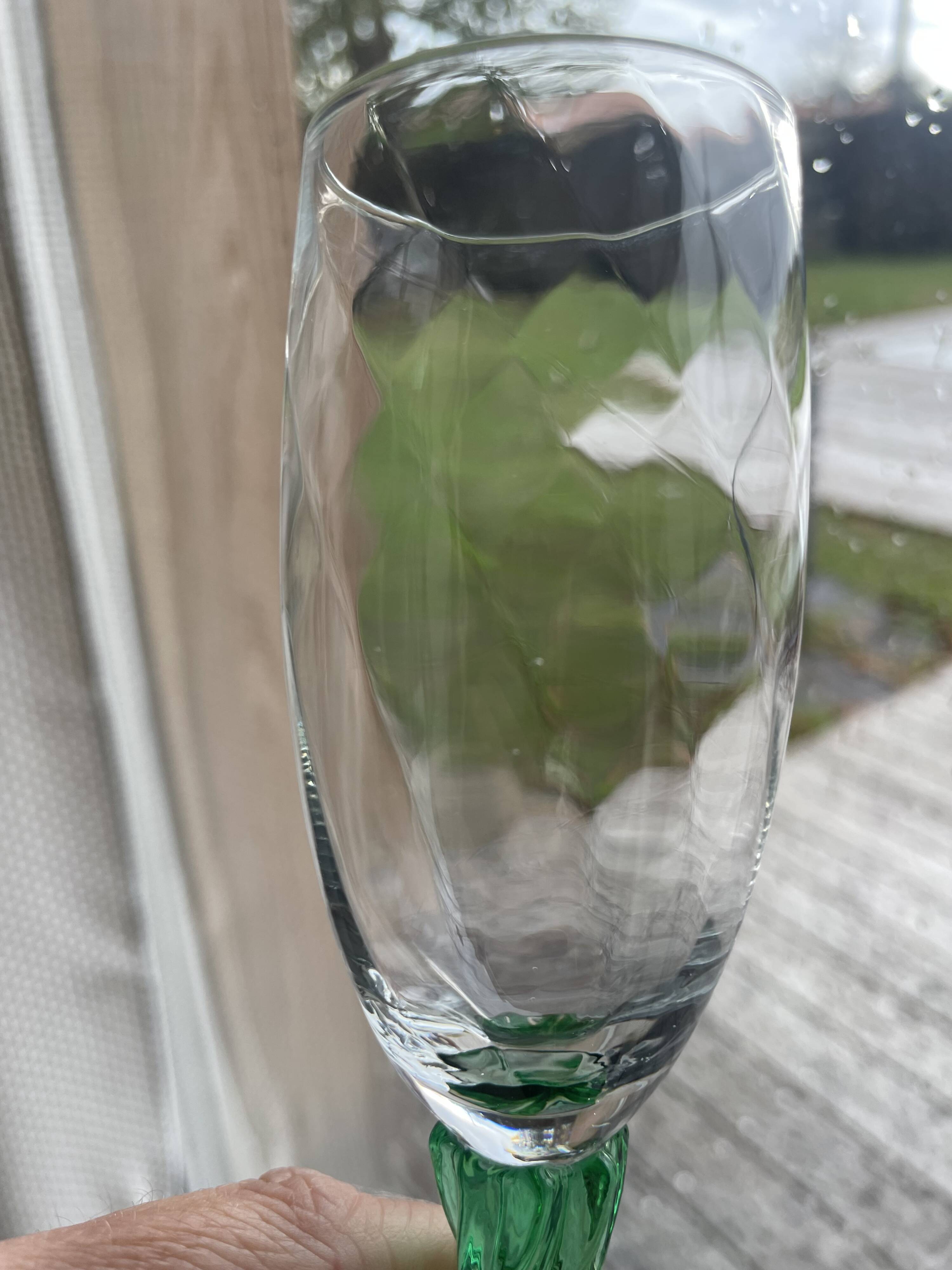 4 champagne flutes, Italian glassware, 1960s, green twisted stem