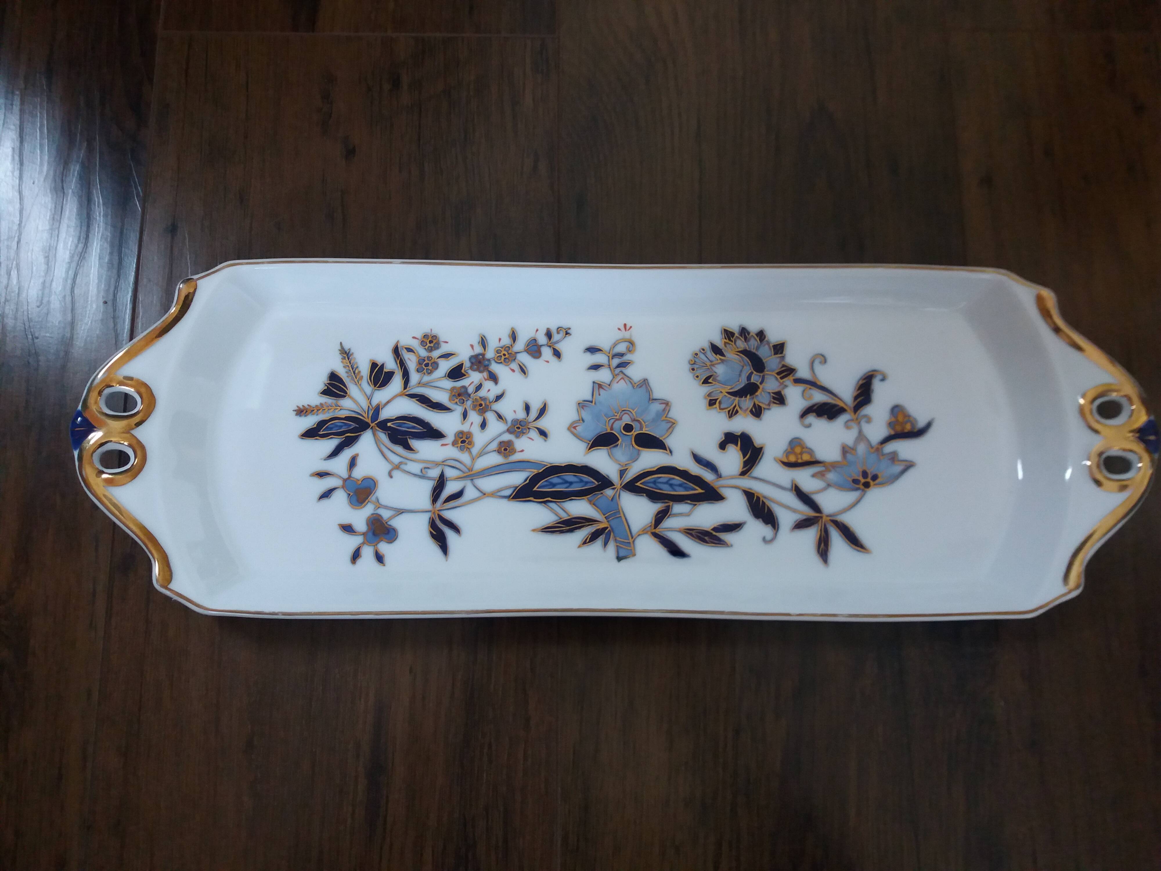 Victoria rectangular tray, hand-painted blue and gold porcelain decoration