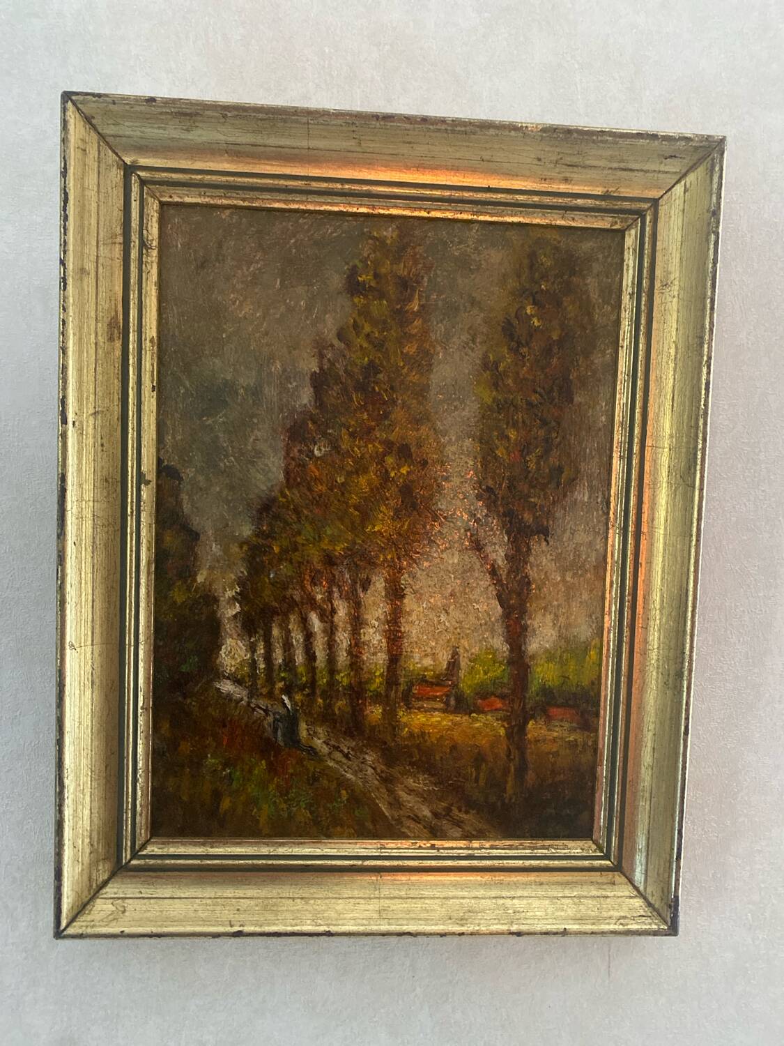 Tableau Ancien 1895 - Allée de Peupliers - Huile sur Panneau & Cadre D