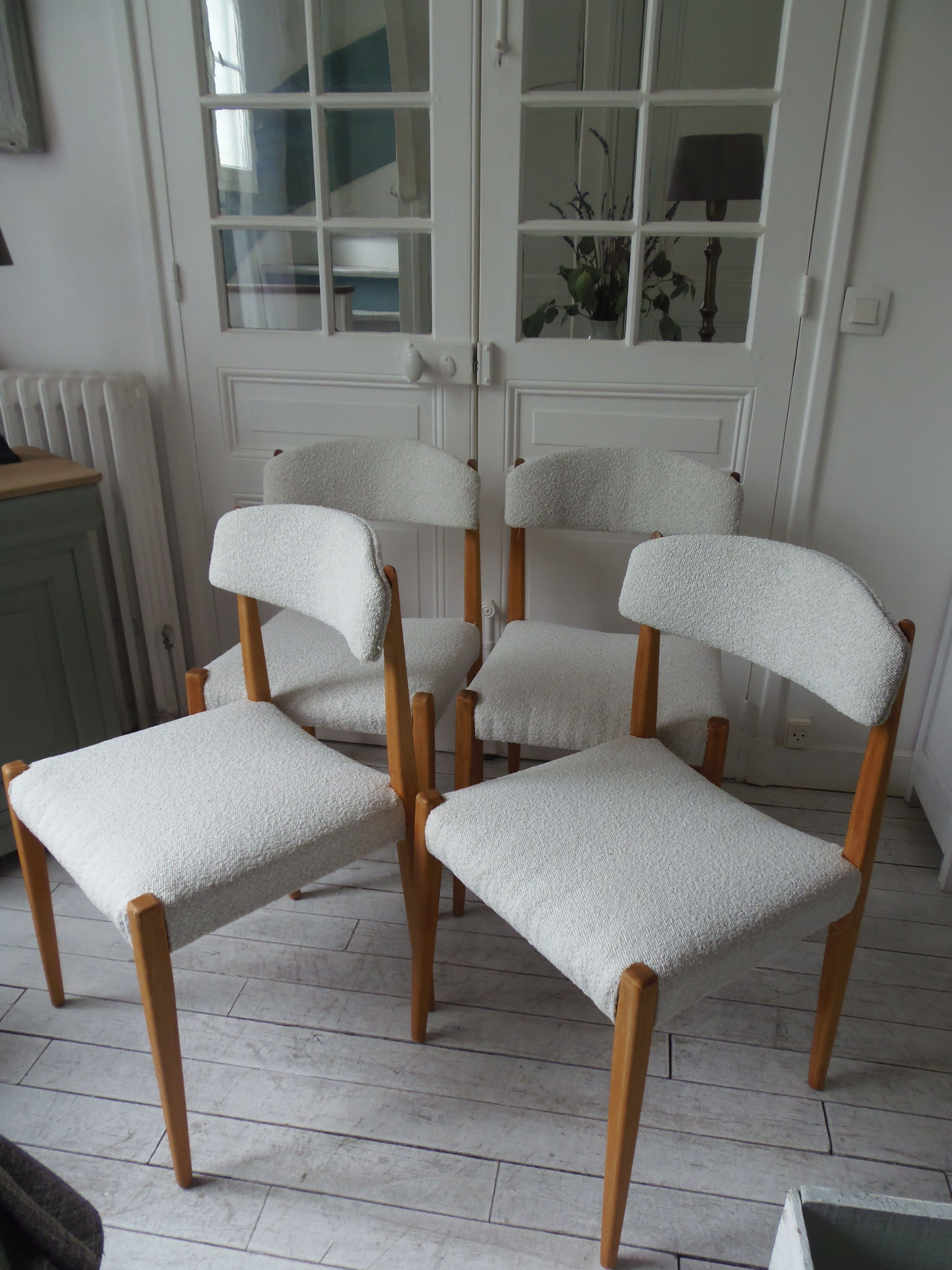 Set of 4 vintage Scandinavian style chairs in beech and cream curl.