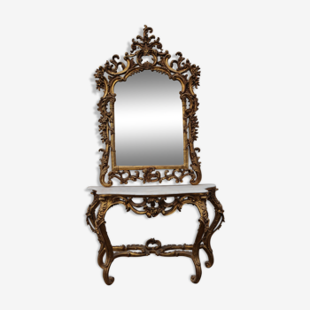 Miroir avec console bois doré style baroque dessus marbre blanc