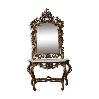 Miroir avec console bois doré style baroque dessus marbre blanc