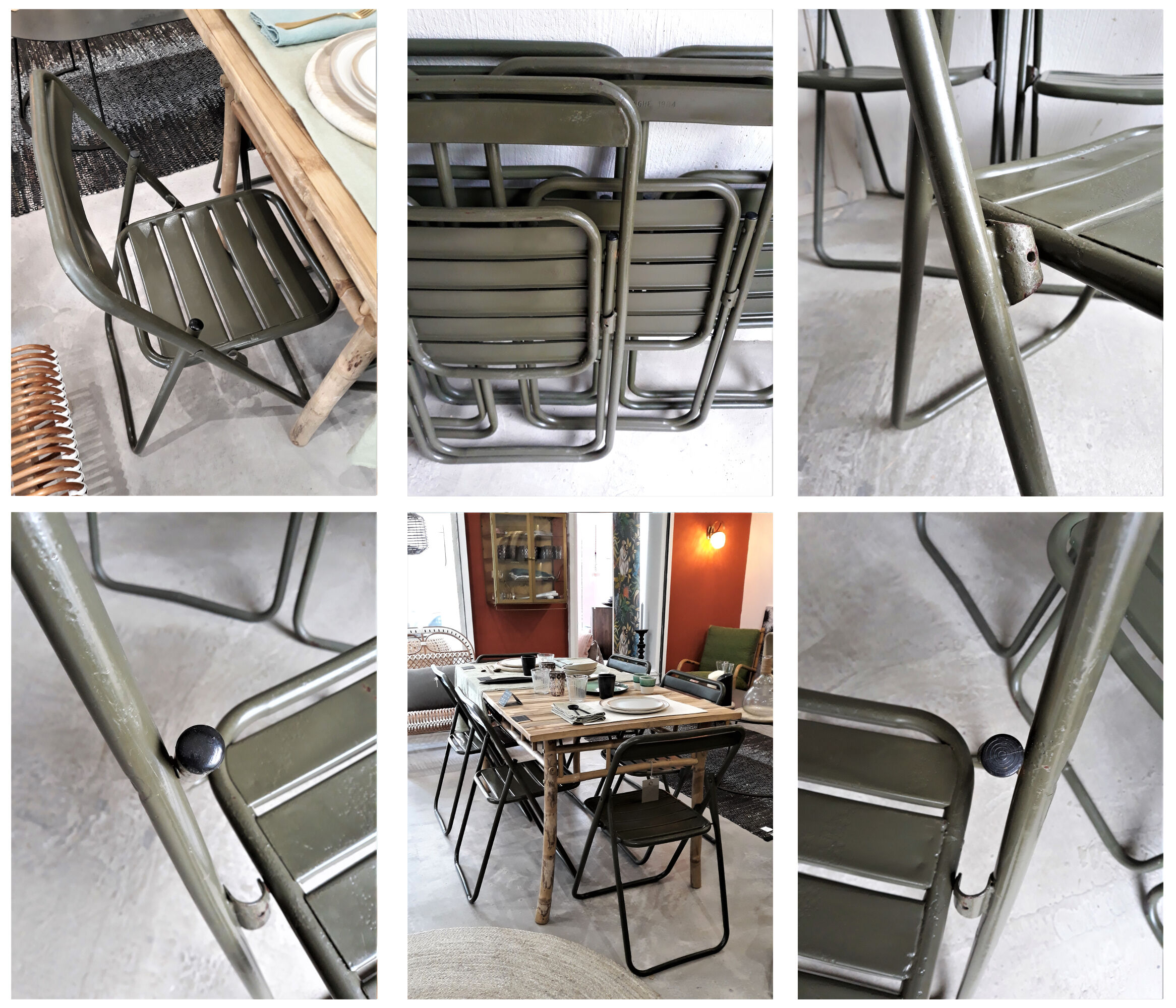 Series of 6 metal chairs Army khaki green / folding  Vintage