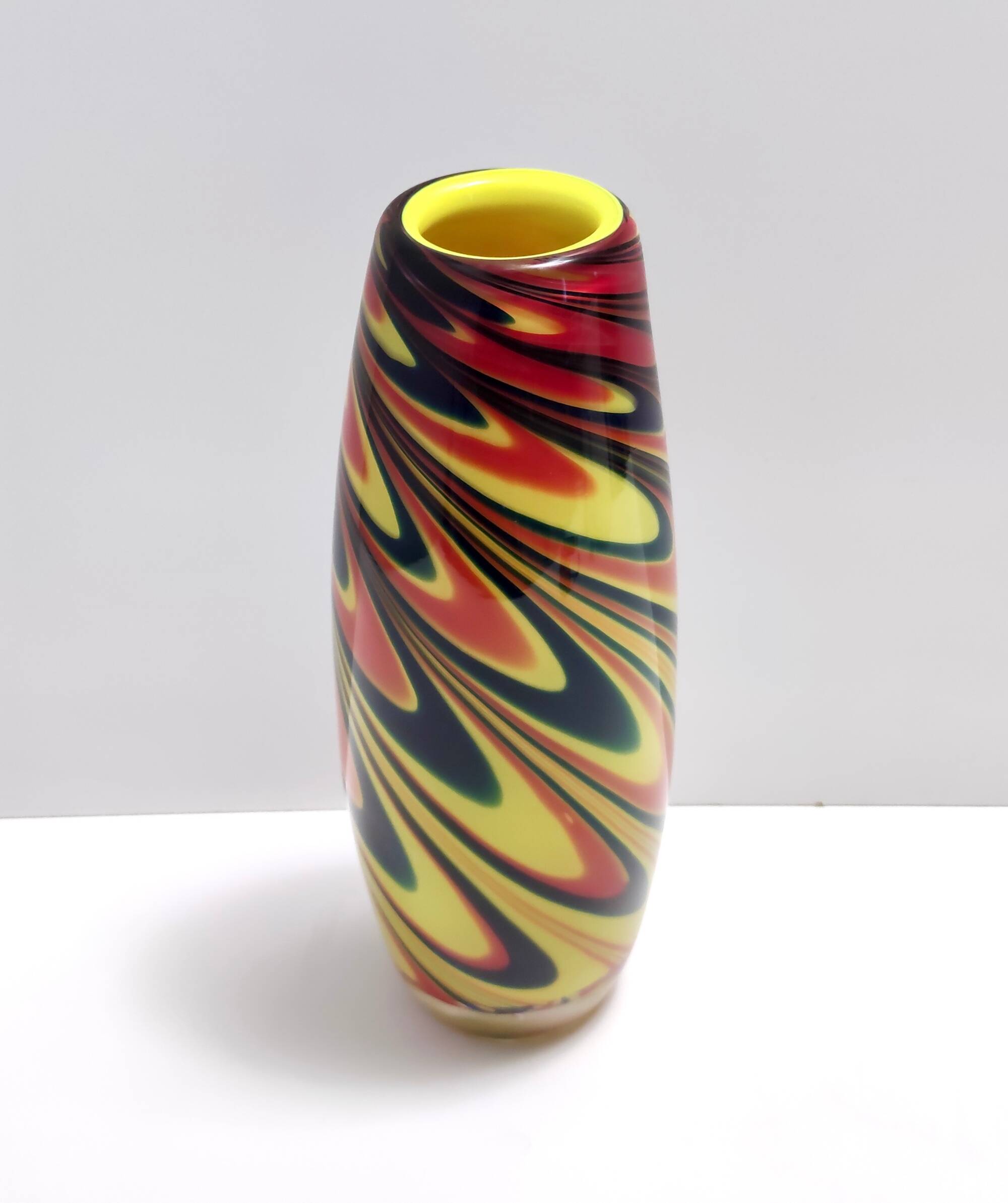 Black, Red and Yellow Encased Hand-Blown Murano Glass Flower Vase, Italy