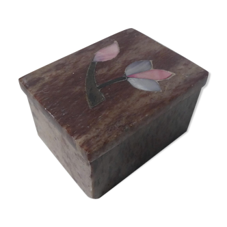 Soapstone box inlaid with mother-of-pearl and colored stone