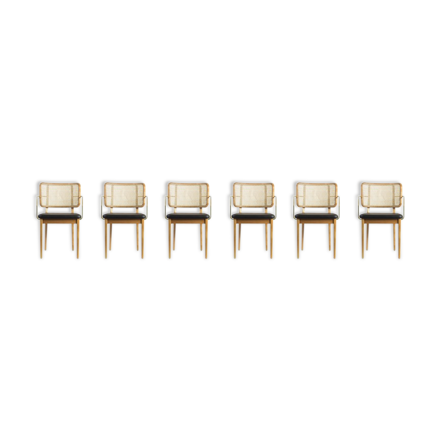 Lot of 6 light wood canning chairs, black leather with armrests
