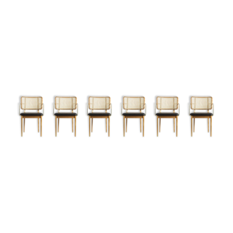 Lot de 6 chaises cannage bois clair, cuir noir avec accoudoirs