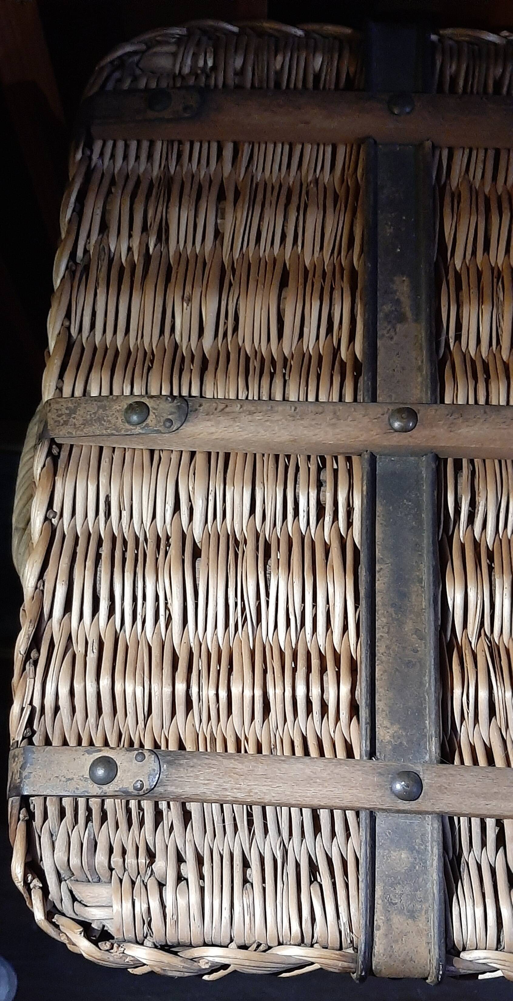 OLD WICKER STEEL AND WOOD TRAVEL TRUNK