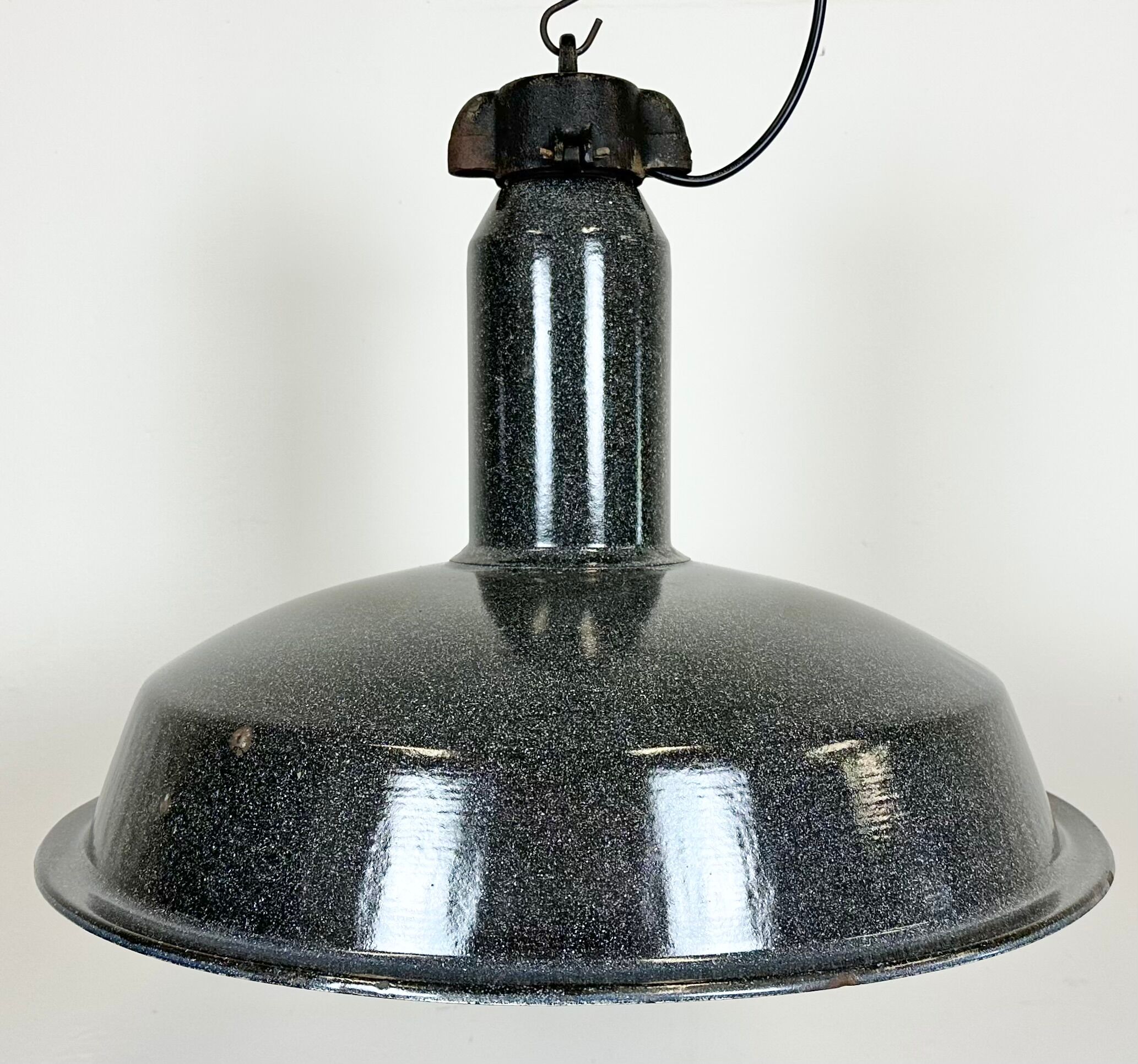 Large Industrial Grey Enamel Factory Lamp with Cast Iron Top, 1960s