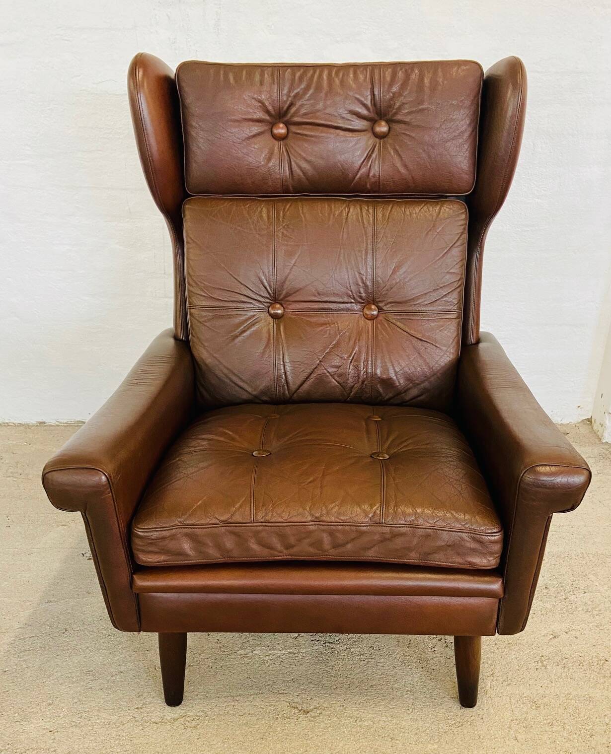 Vintage danish retro mid-century svend skipper cognac leather chair & stool 60s