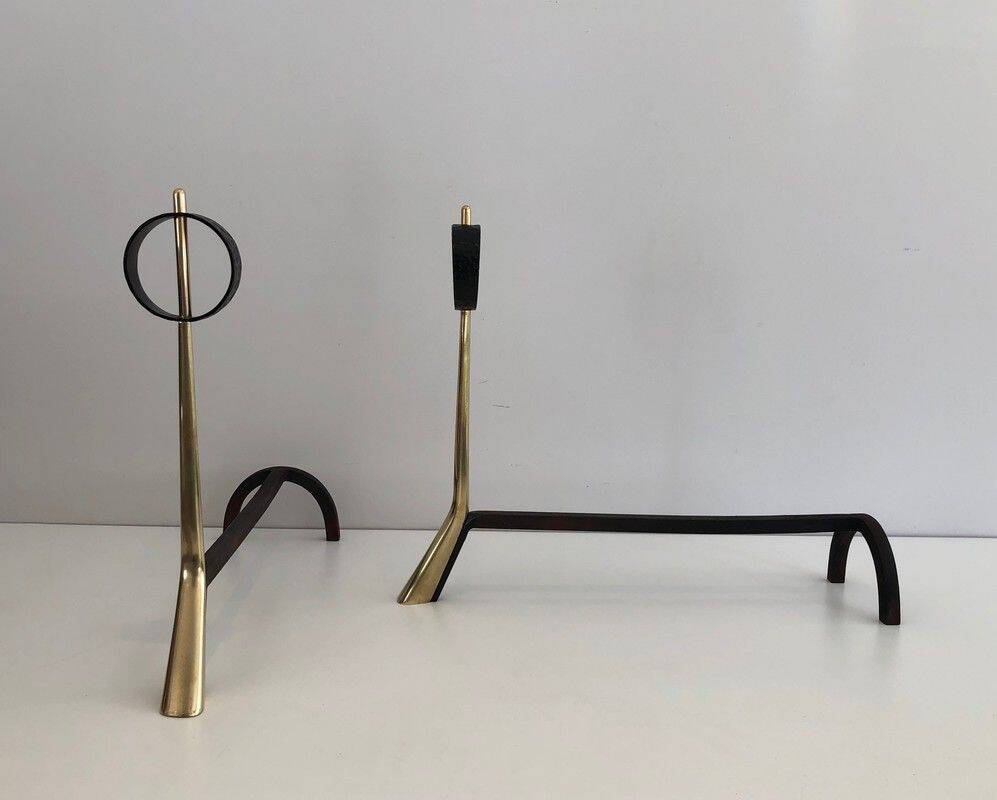 Pair of modernist bronze and wrought iron andirons