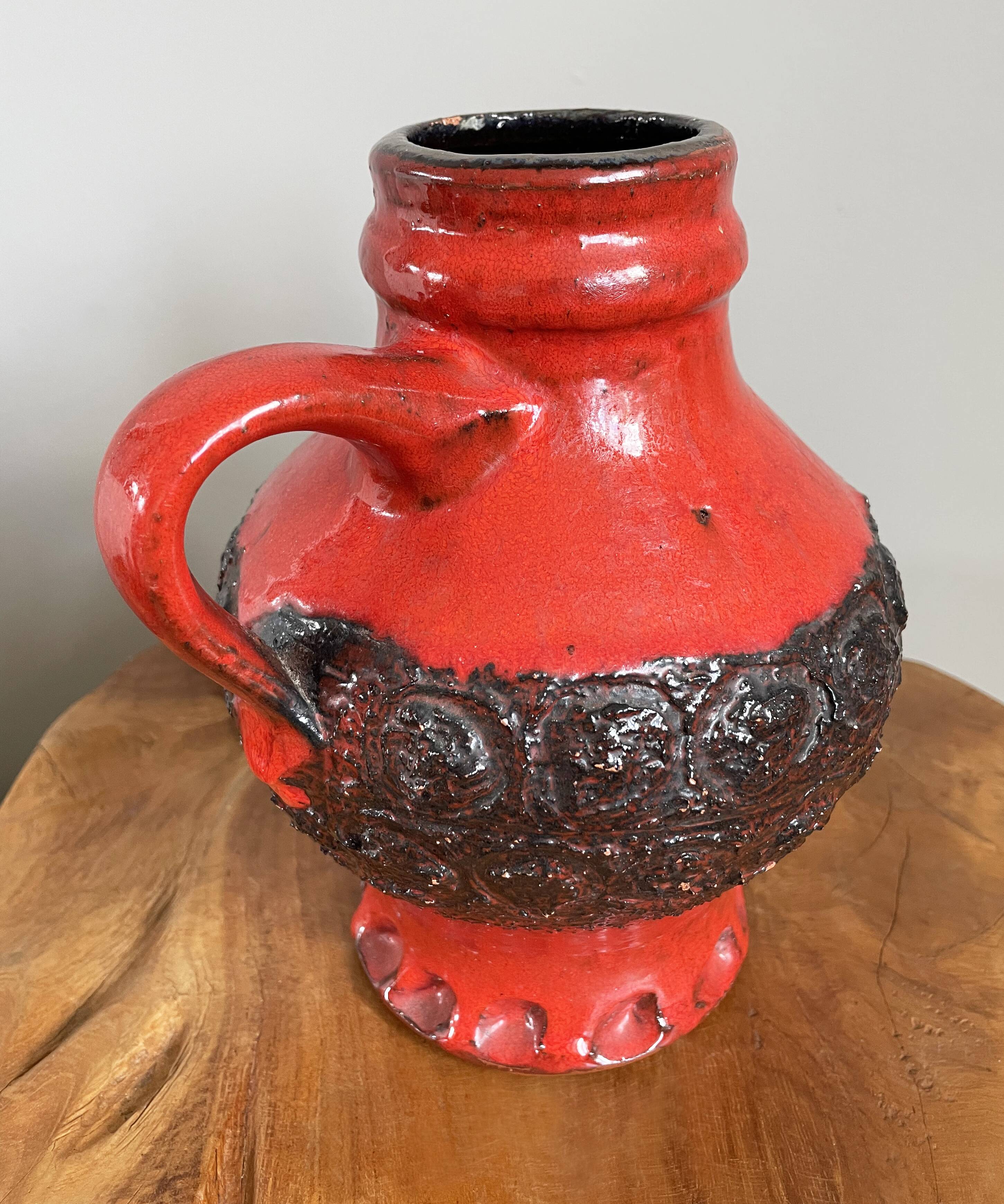 Bright Red and Black Ceramic Vase, Heavy Jug in Mid-Century Style, West German Pottery