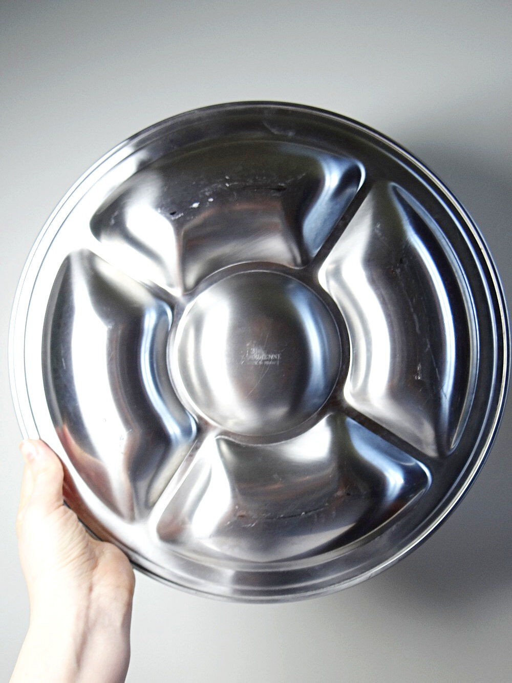 Large compartmented stainless steel hors d'oeuvre platter by Guy Degrenne, France, vintage.