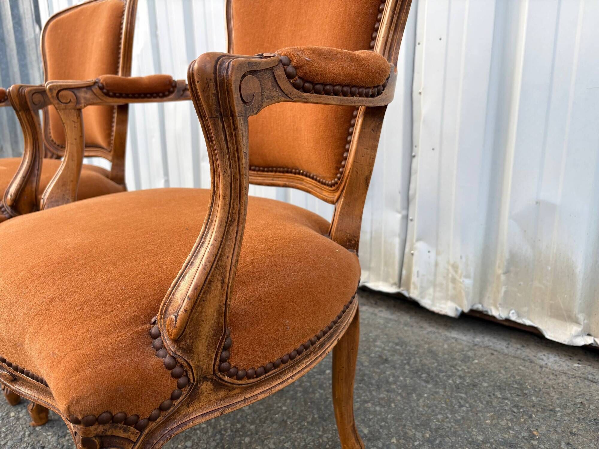 Pair of Louis XV style armchairs in ochre velvet