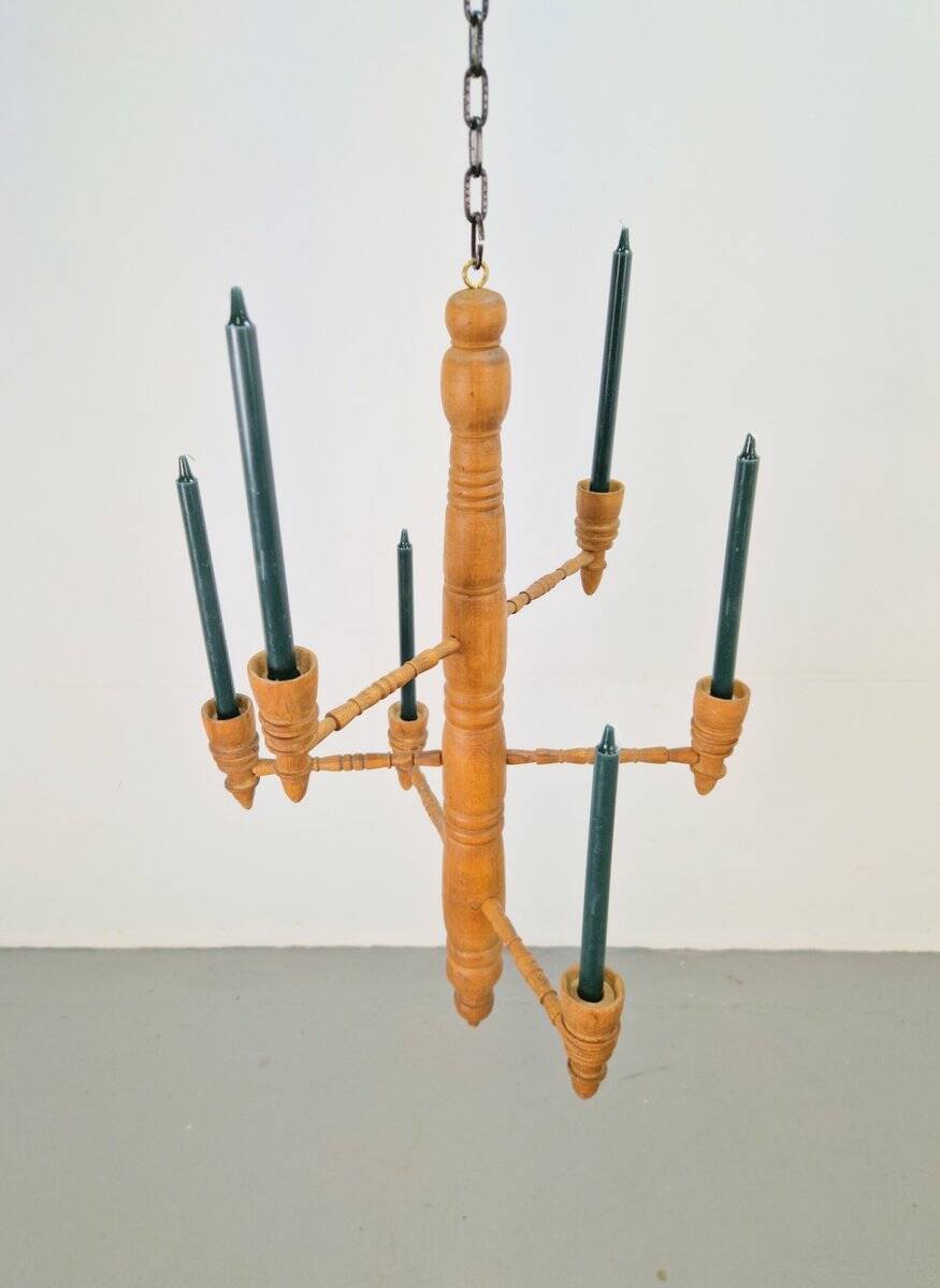 Brutalist Twisted Spool Candle Chandelier in Wood, 1960s