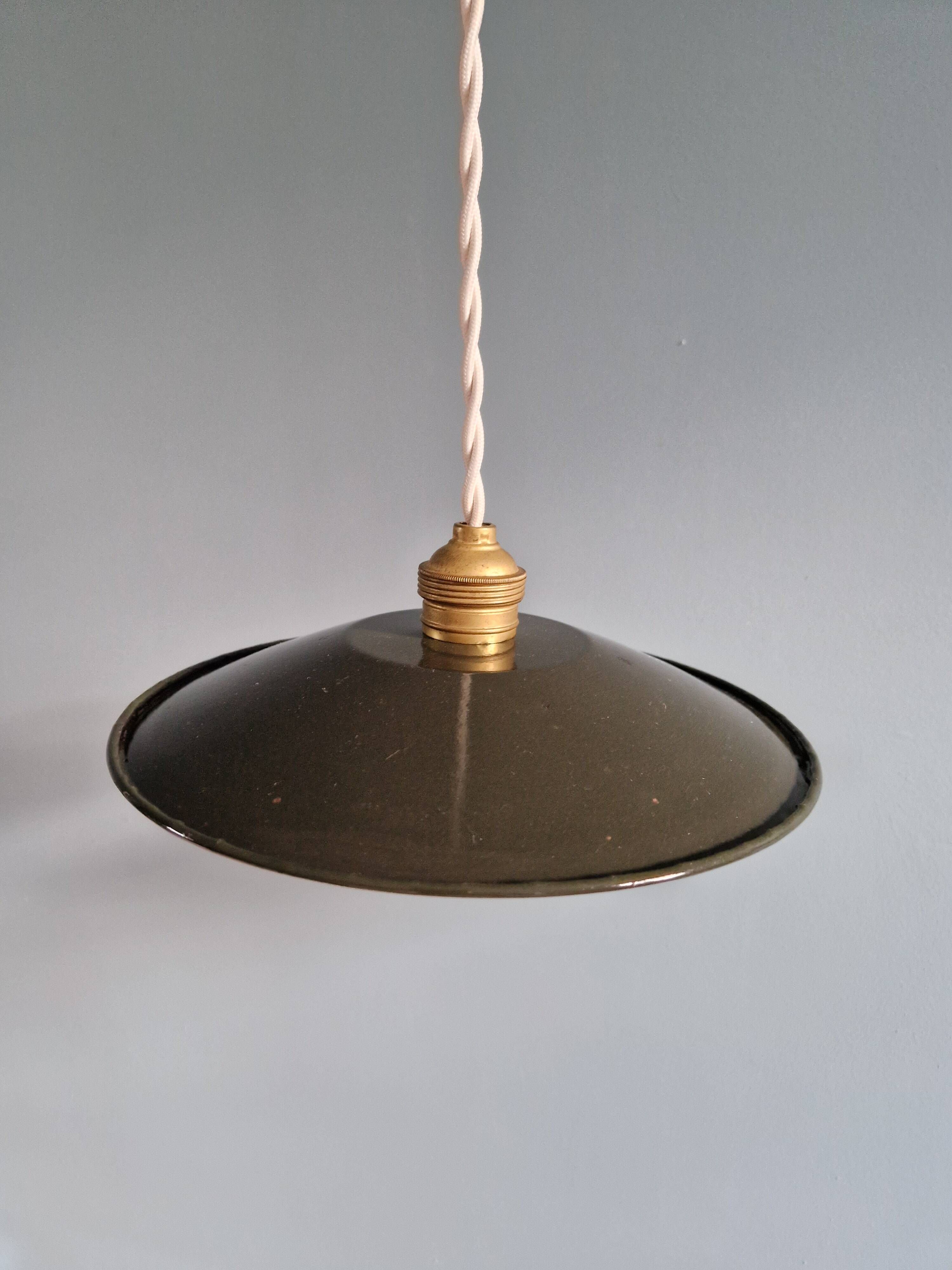 Pair of industrial pendant lights in olive green enameled sheet metal