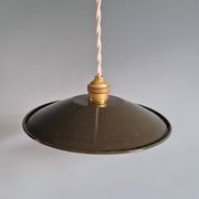 Pair of industrial pendant lights in olive green enameled sheet metal