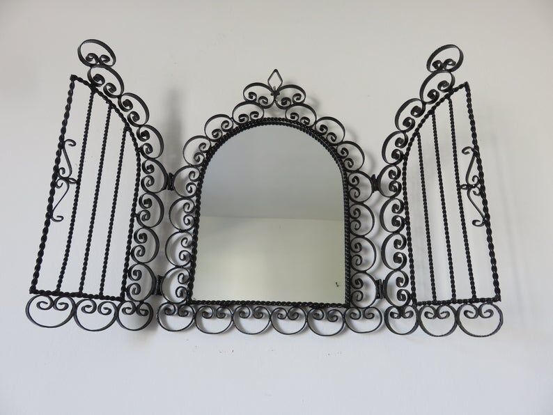 Opening mirror, shuttered, in black wrought iron, Vallauris 50s 60s