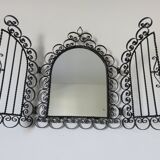 Opening mirror, shuttered, in black wrought iron, Vallauris 50s 60s