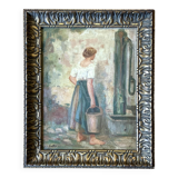Cécile Van Moé. XIXe Charmante huile sur toile présentant une jeune femme près d’un puits.