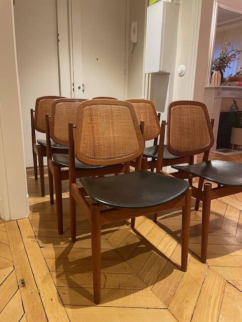 6 Danish chairs in teak, caning and leather, model FD 187 by Arne Vodder.