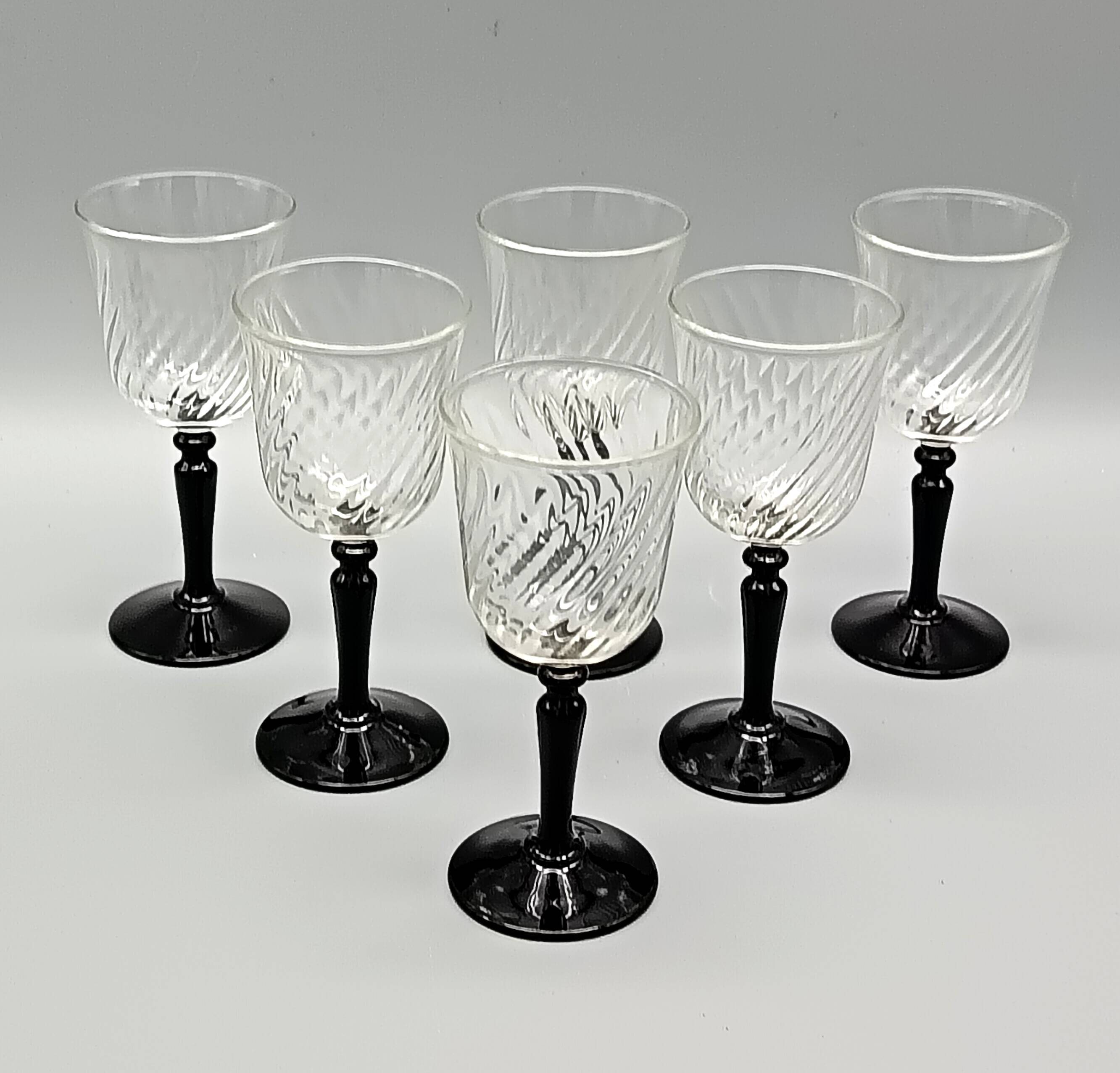 6 liqueur glasses on black opaline foot france, onyx luminarc vintage
