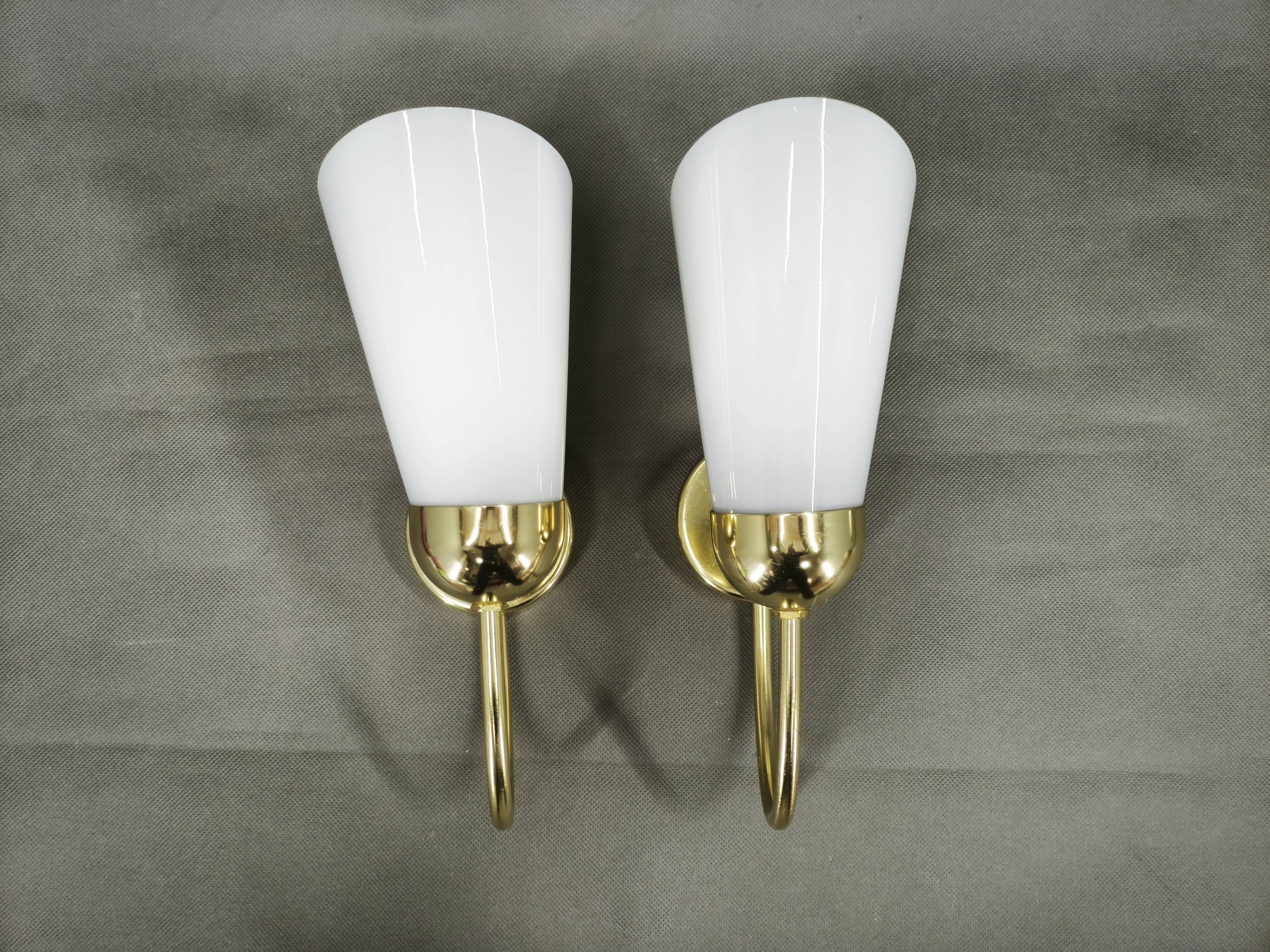 Pair of Brass Opaline Wall Lights by Kamenický Šenov, 1970s