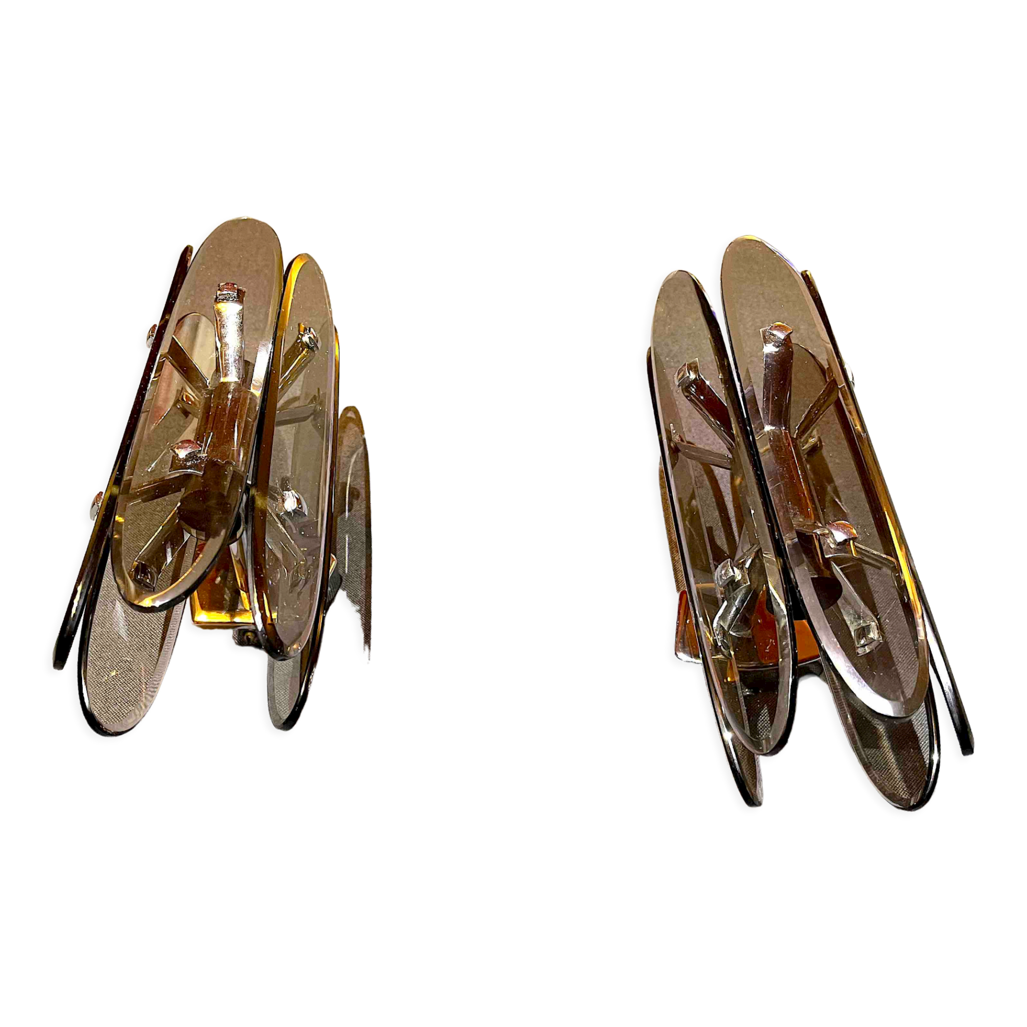 Pair of Italian wall lamp in glass and chrome, 1970's