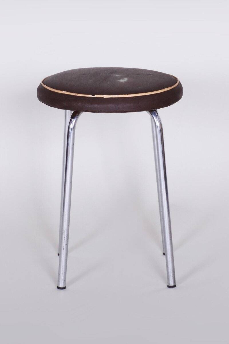 Small Bauhaus Round Leather & Chrome Stool by Robert Sezák, 1940s
