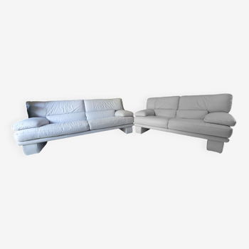 Set 2 design sofas light gray leather 3 places + 2 places brand nicoletti oscar model