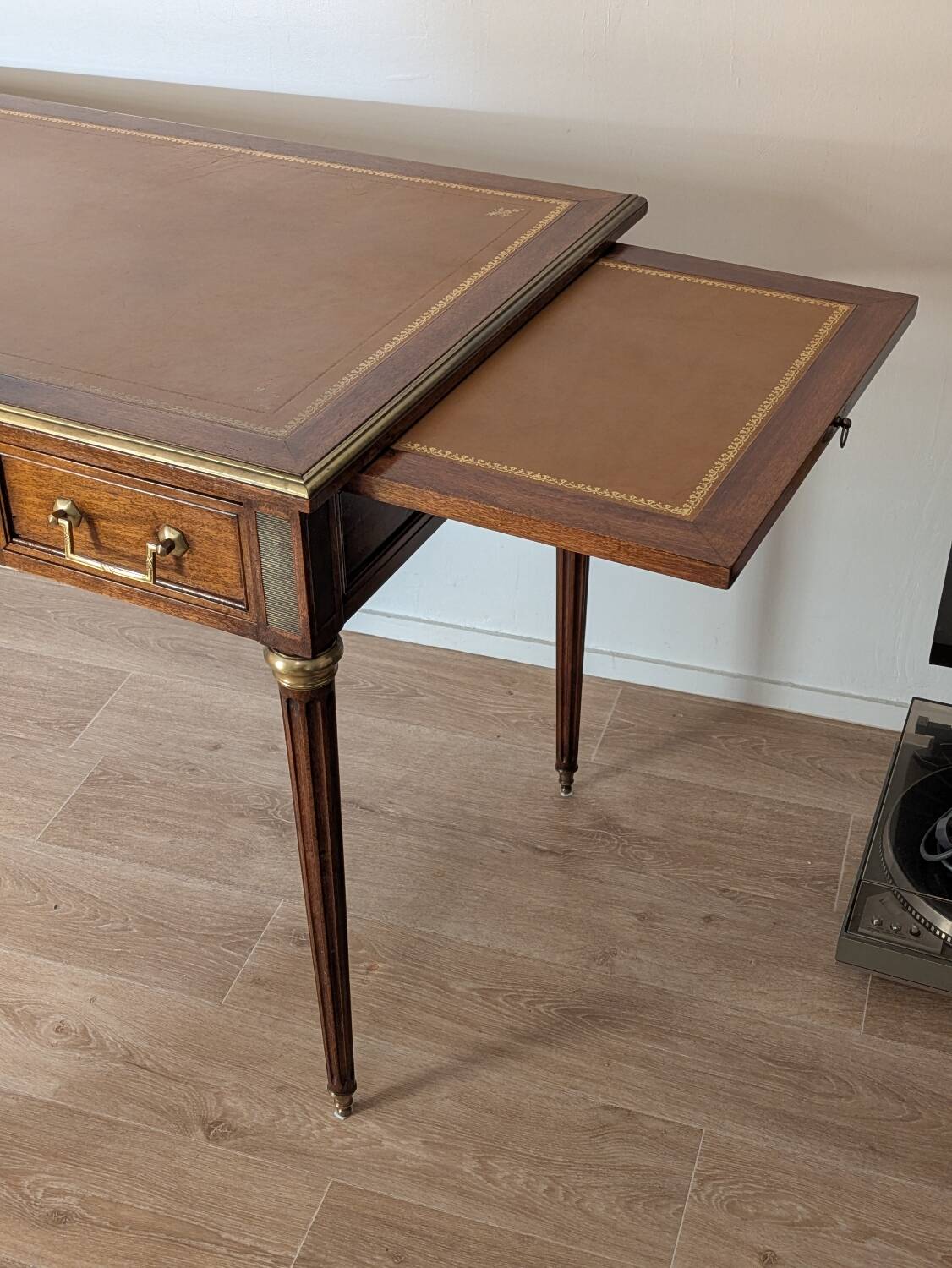 Antique Louis XVI style vintage desk, leather, brass, cherry wood