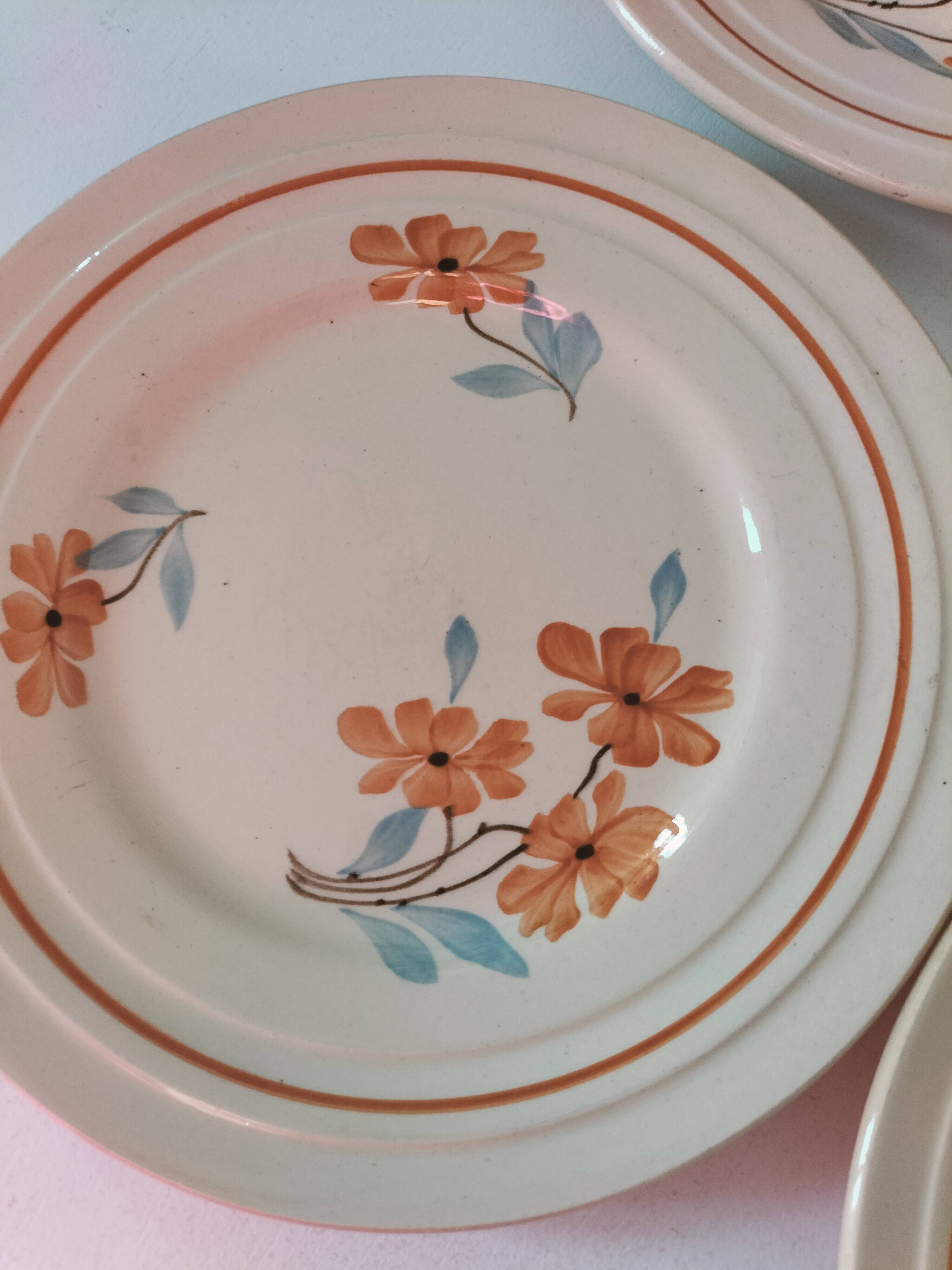 Set of 6 vintage orange and blue floral plates – 1950s