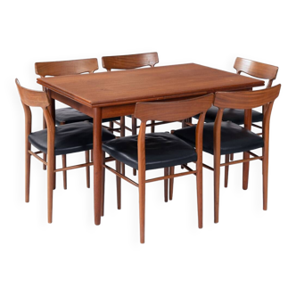Ensemble de salle à manger danois vintage en teck, table extensible 6 chaises