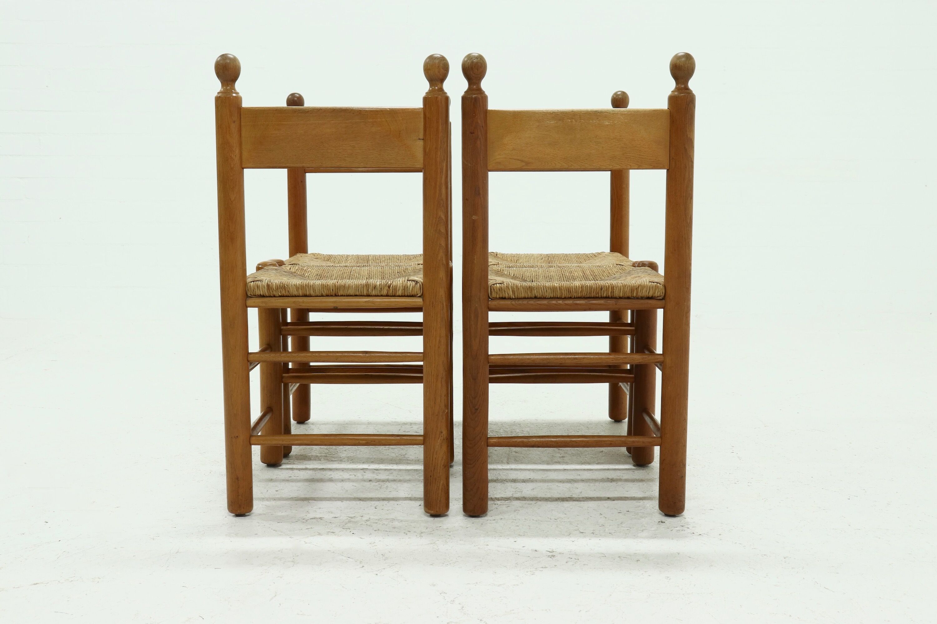 Set of 4 solid oak & rush brutalist dining chairs 1960s