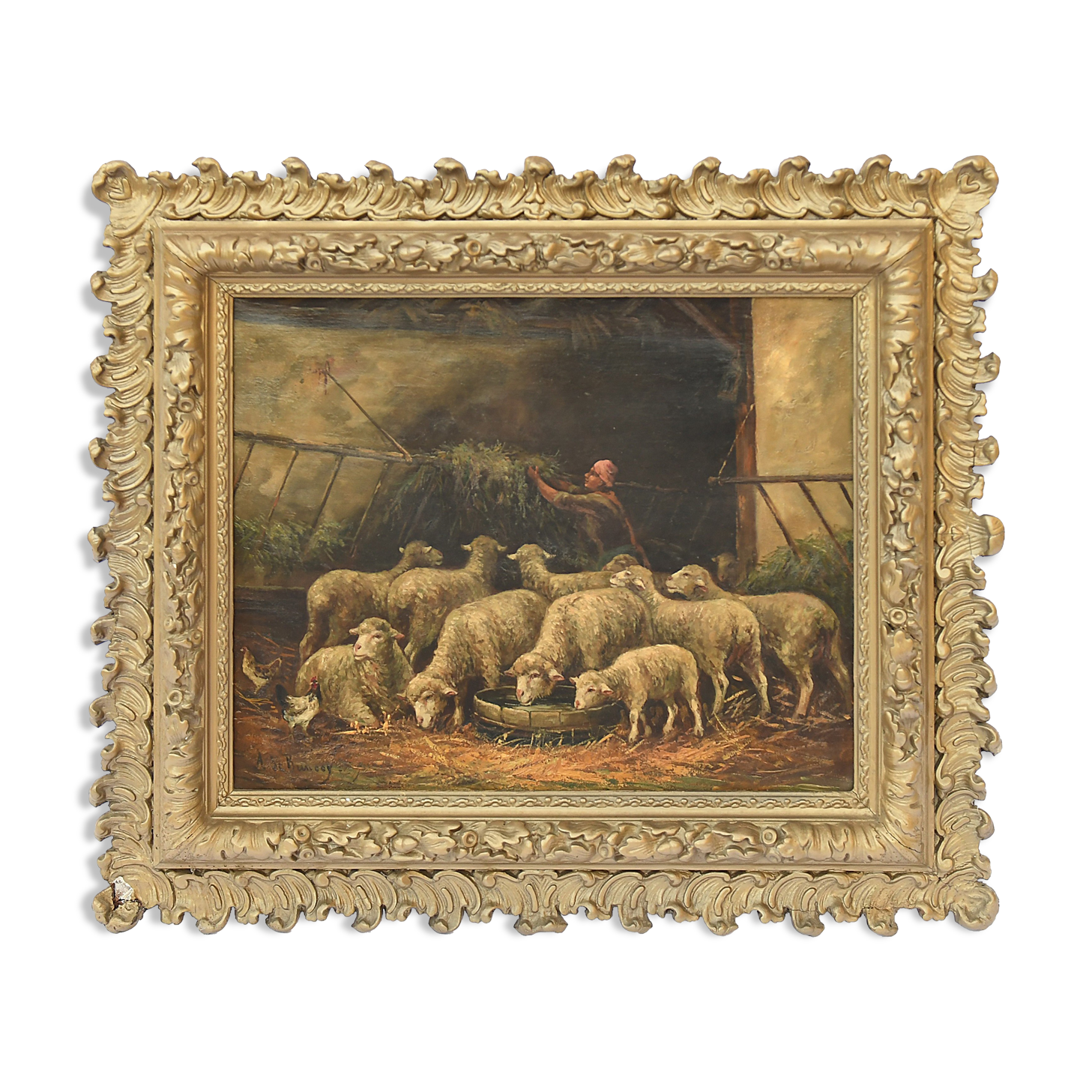 Huile sur toile Bergère et ses moutons
