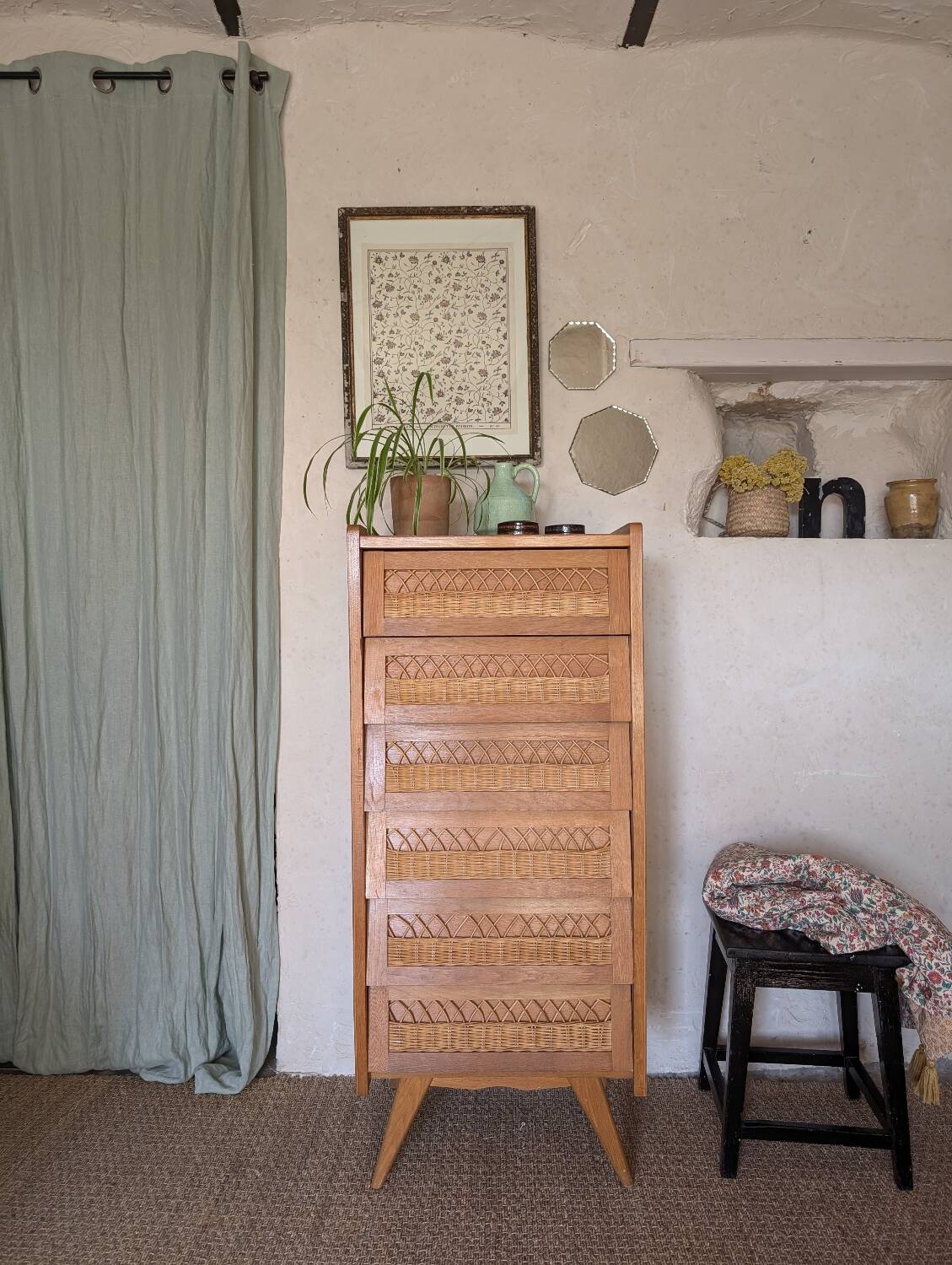 Vintage oak and rattan chiffonier
