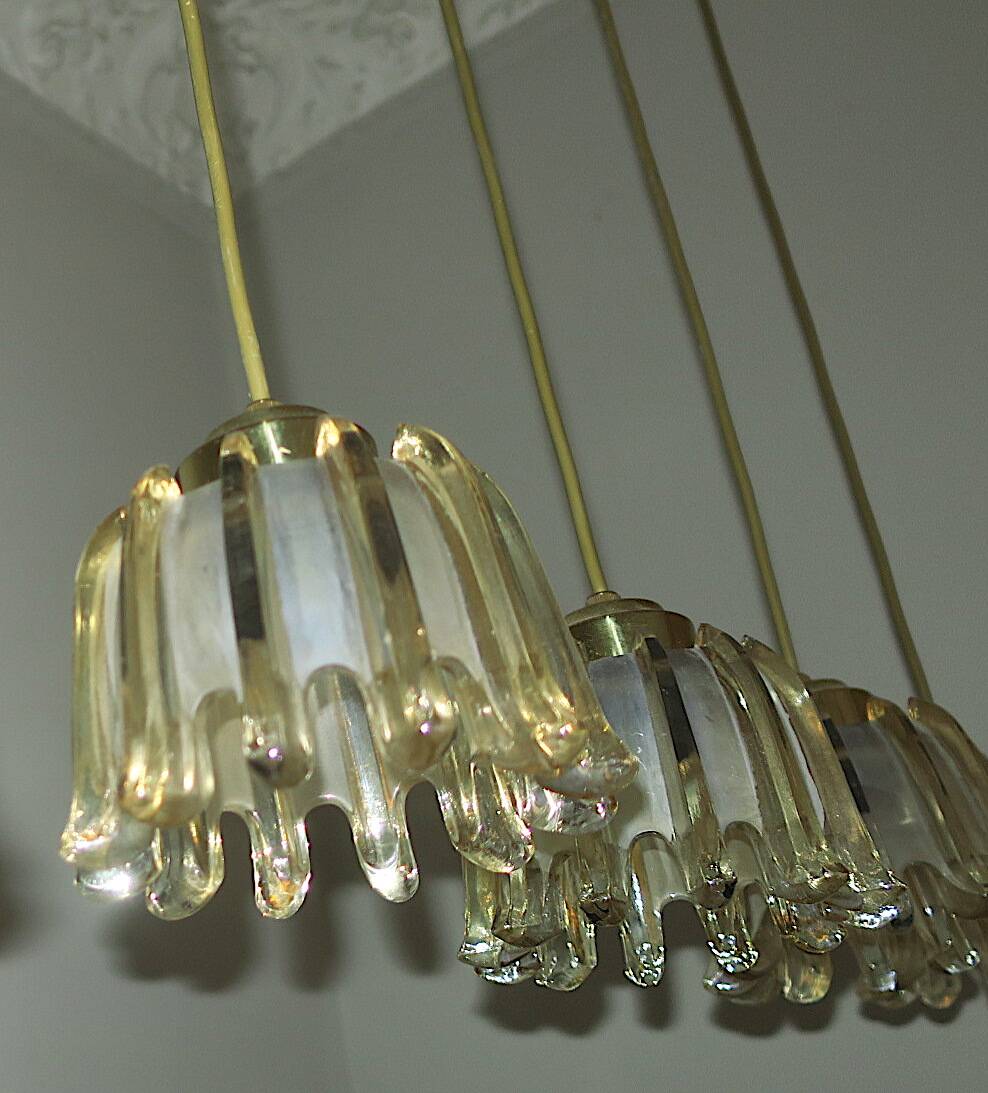 Set of 5 Doria  pendant lights in brass and amber-coloured glass, 1960s