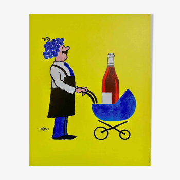 Affiche original Buvons ici le Vin Nouveau par Savignac en 1993 - Petit Format - On linen
