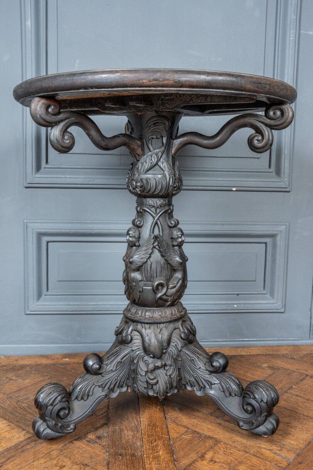 Indochina ironwood pedestal table decor winged character marble top 19th century