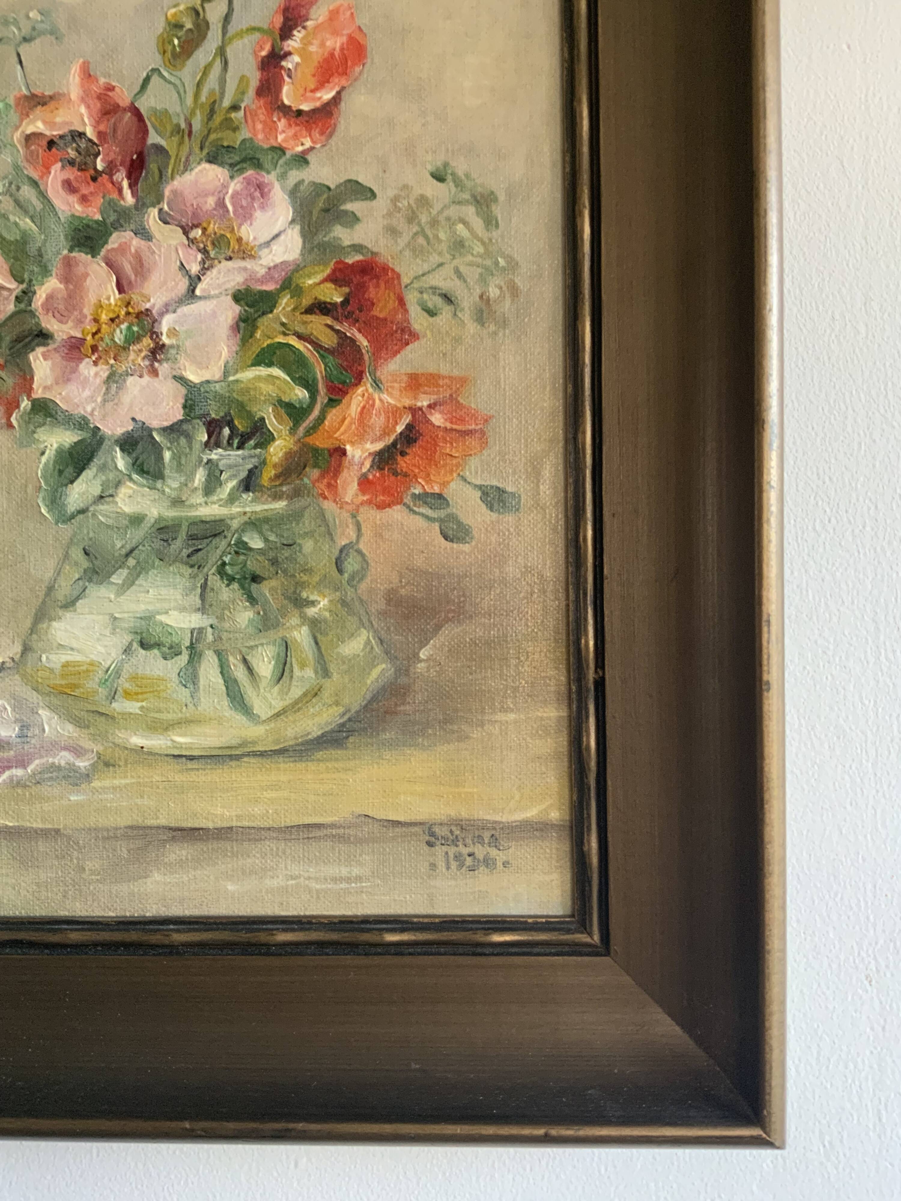 Antique oil painting still life with flowers 1936, signed