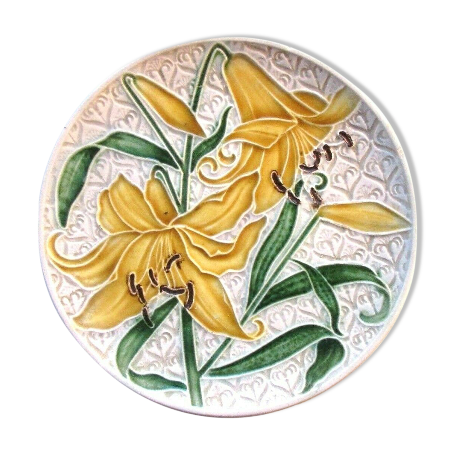 Small plate with yellow lilies, signed VBS Schramberg