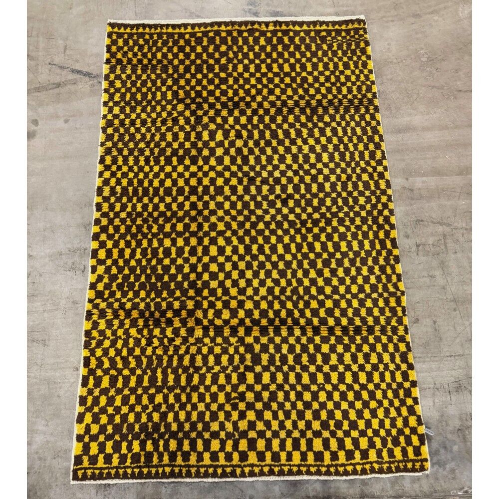 Hand-Knotted Checkered Tulu Rug. 100% Wool. Brown & Mustard Yellow Carpet. Custom Options Available