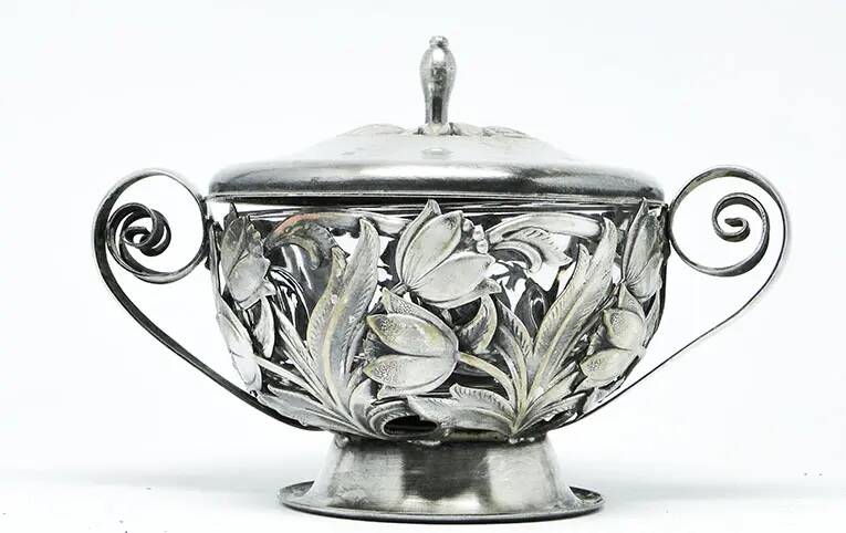 Sugar bowl, postmodernism, silver-plated brass, HEFRA, Poland, 1970s