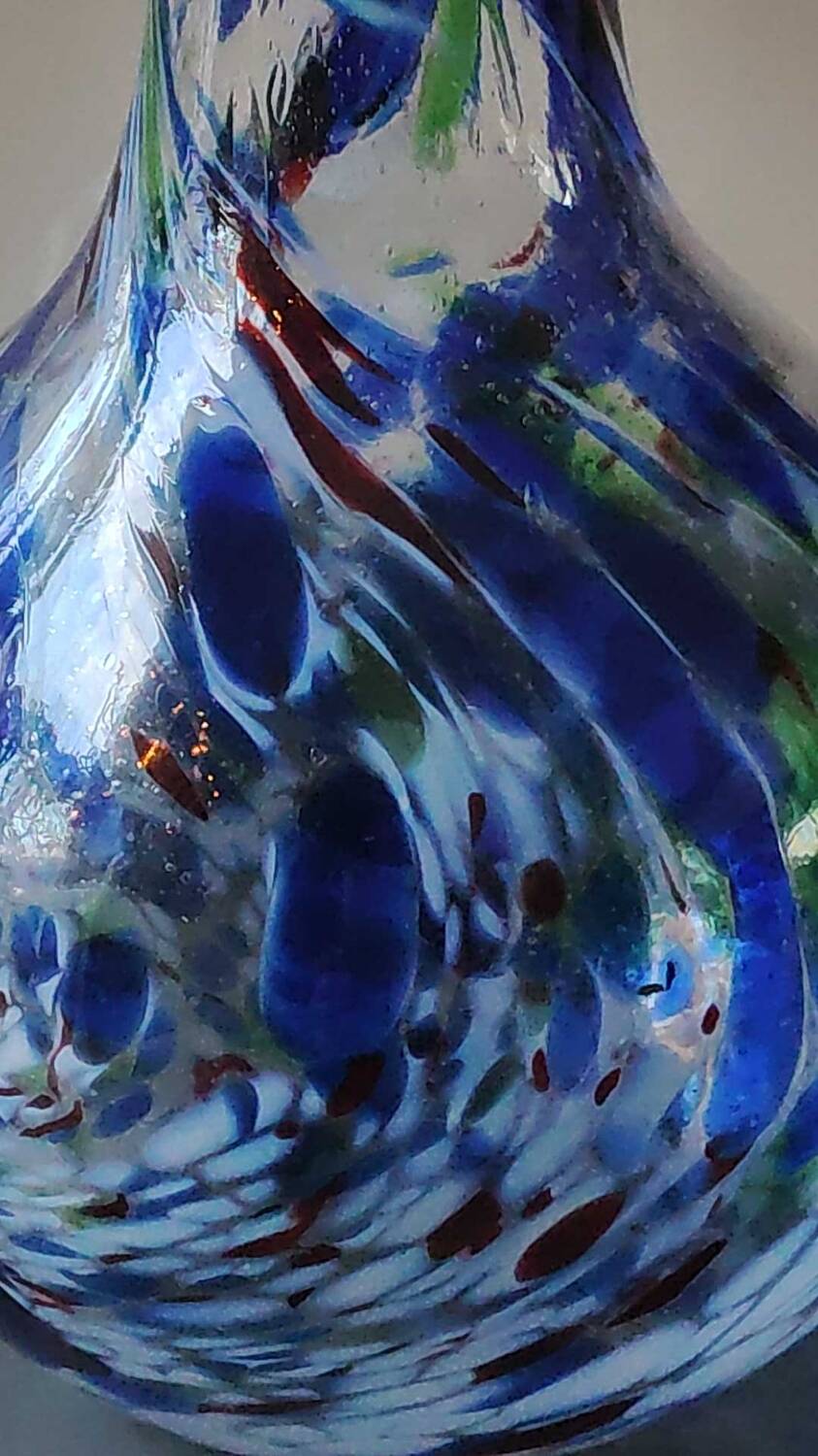 Designer Ball Vase in blown art glass, Murano style. Multi-colored speckles/smoke swirls. Dim 26 x 13 cm