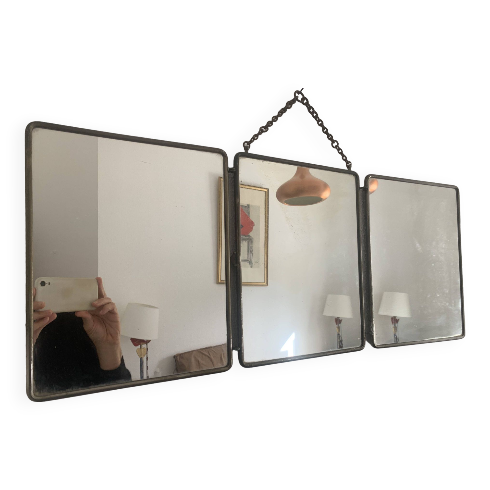 Vintage 1900 triptych mirror, old pink nickel-plated metal - 31 x 76 cm