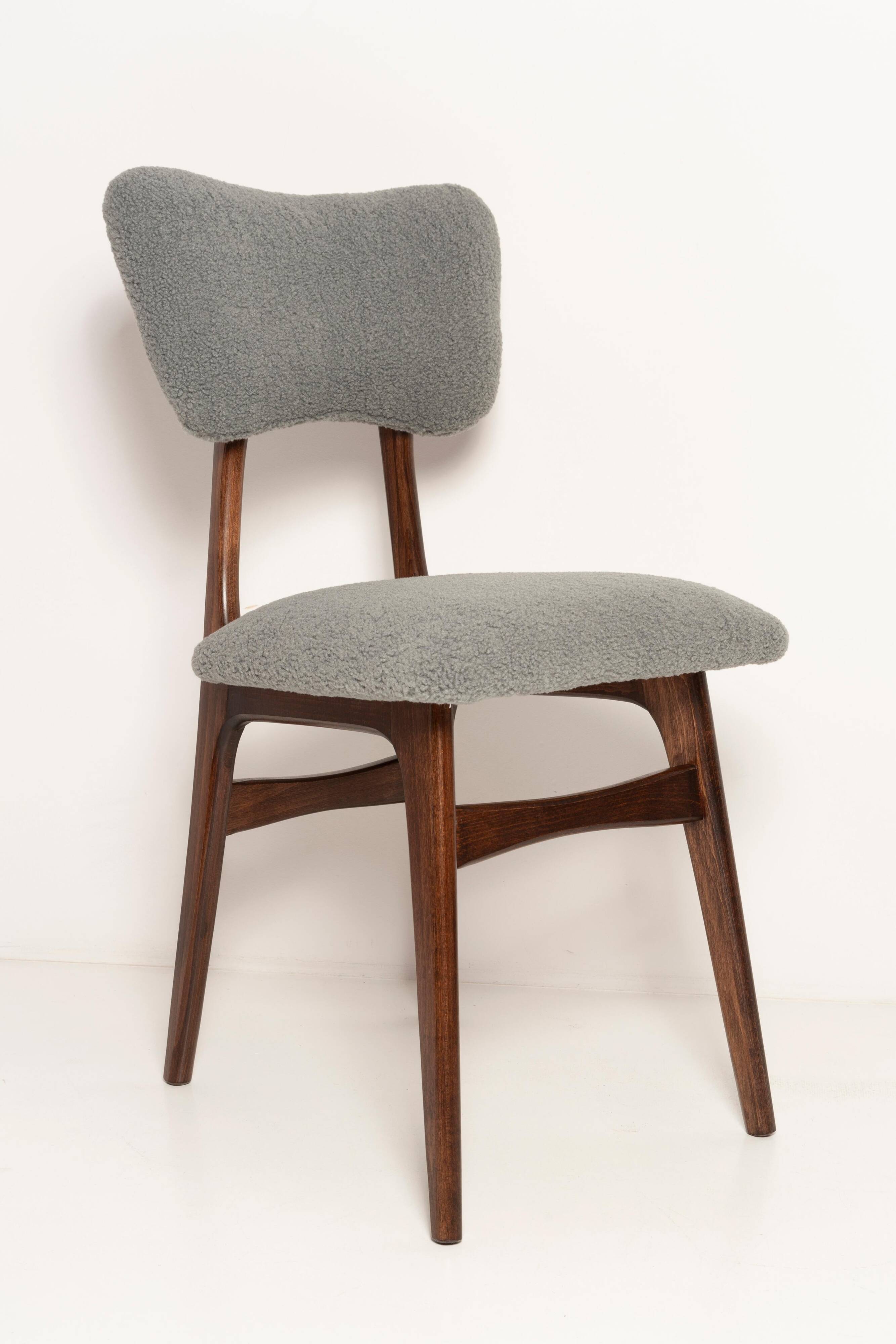 Chaise de salle à manger papillon milieu du siècle, bouclé gris, bois noyer foncé, Europe, années 1960