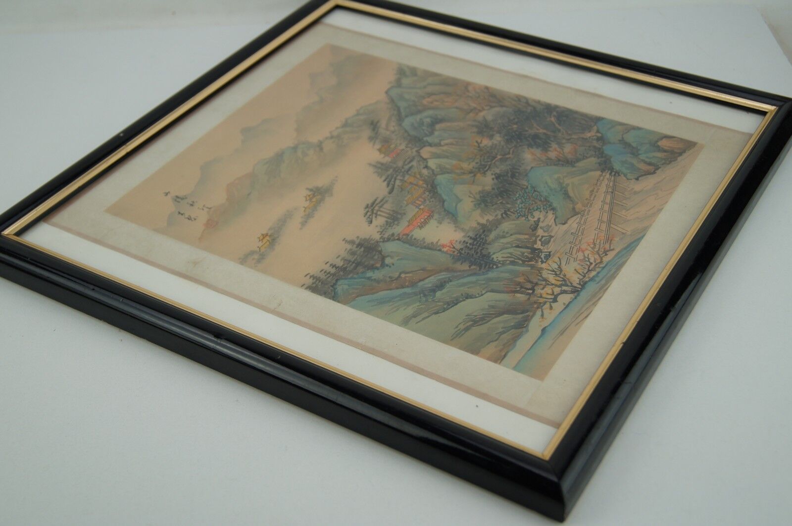Ancient painting on fabric, asian landscape, with frame 40 x 39.5 cm